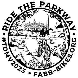 Illustration of a bike rider on a winding trail surrounded by trees, with Mount Vernon and the Washington Monument depicted behind the rider.